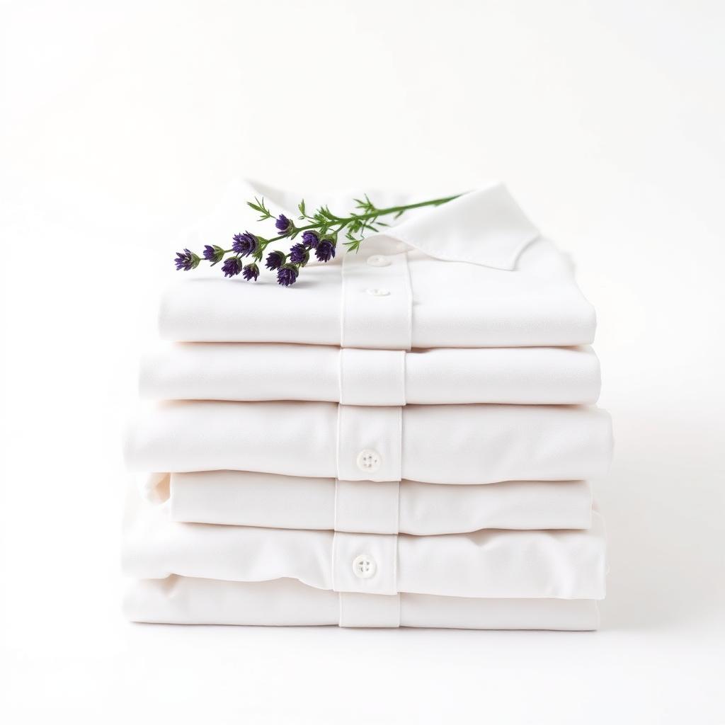 Crisp folded shirts with a sprig of lavender