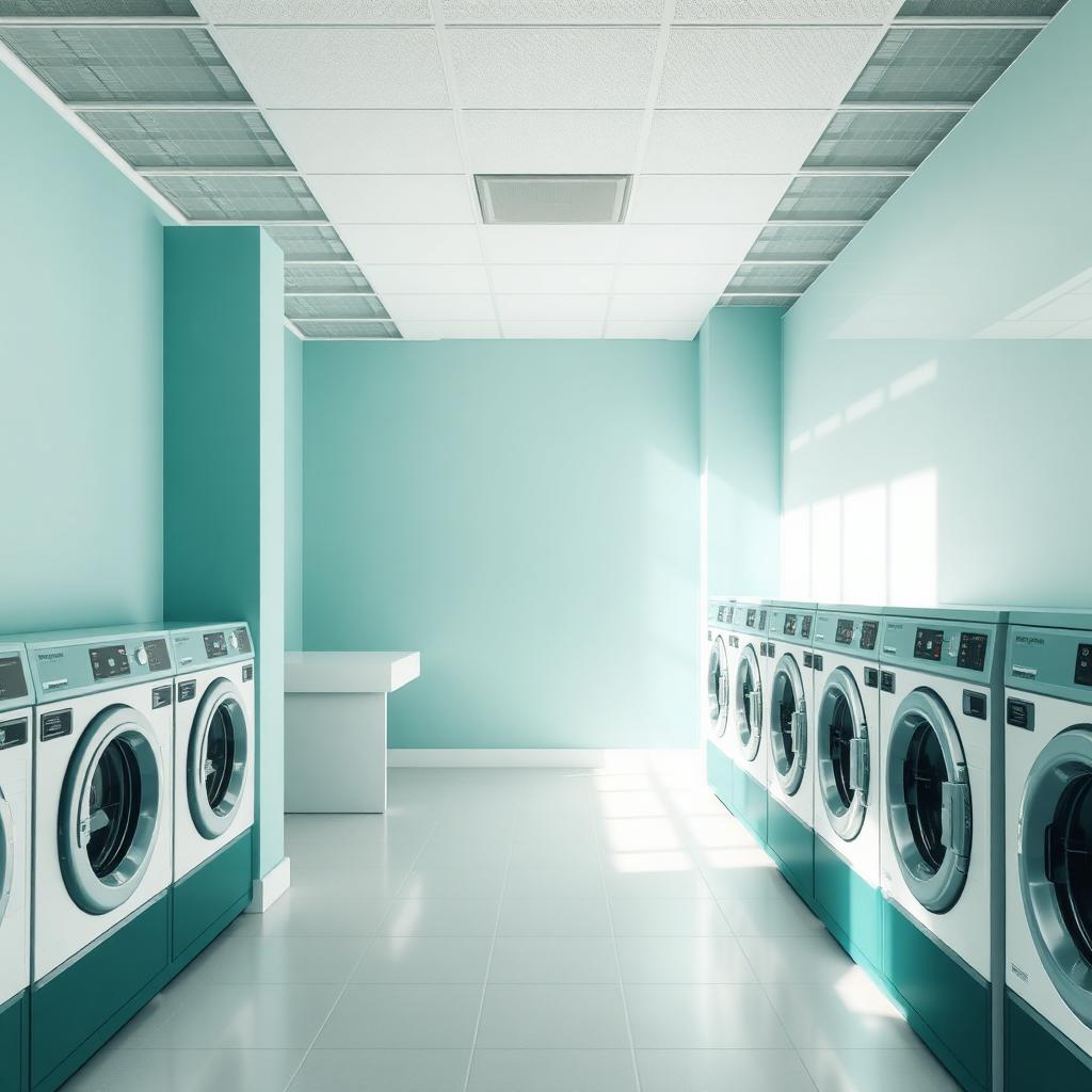 Bright modern laundromat with a row of washing machines